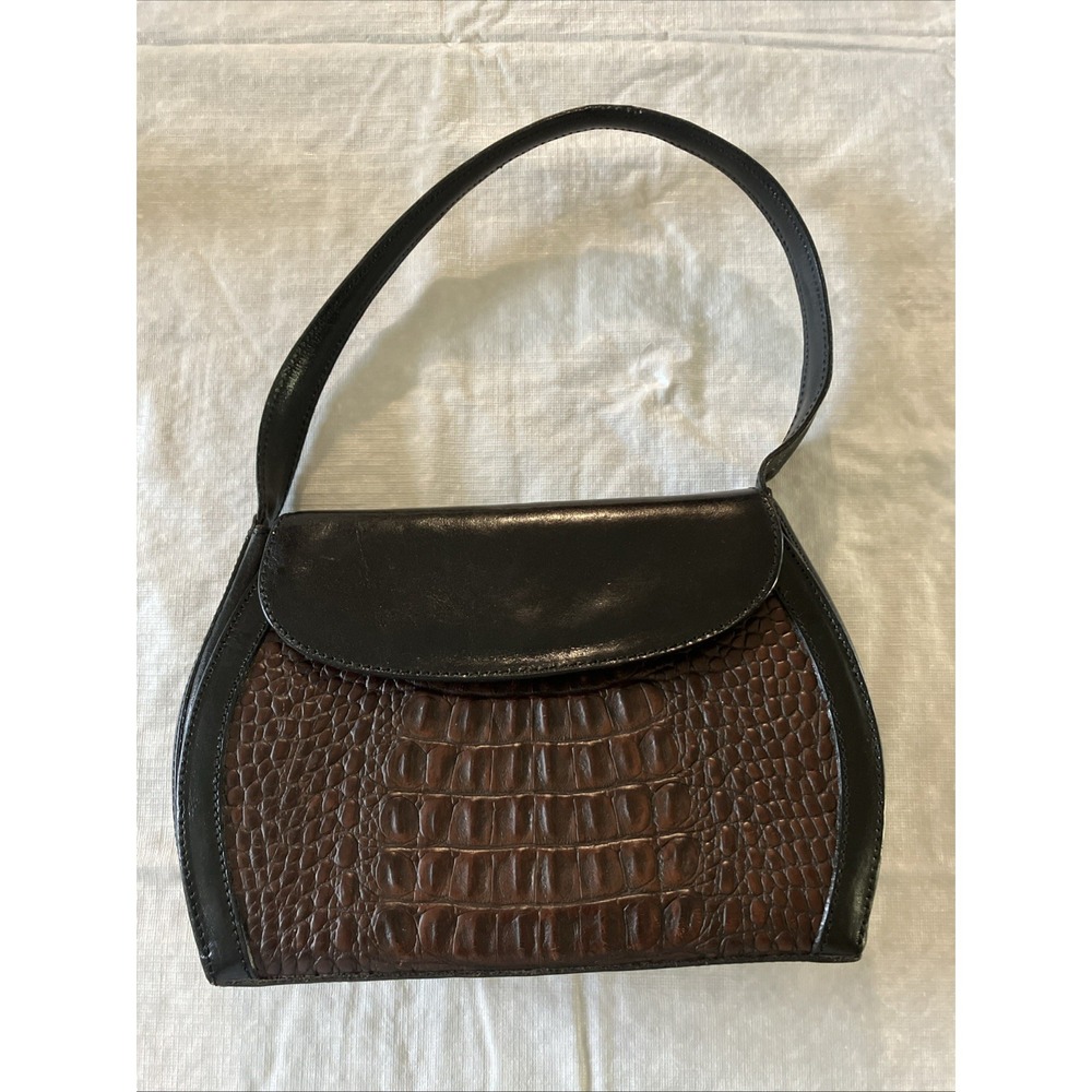 Brahmin  Small Black Brown Croc Embossed Leather Shoulder Bag